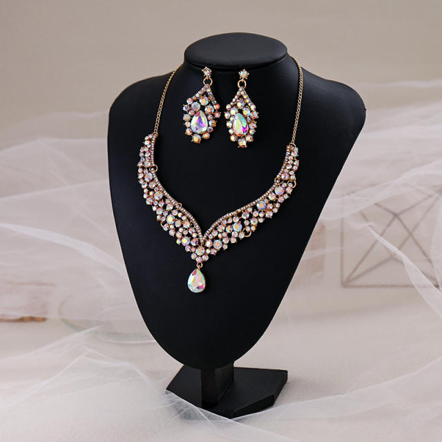 Elegant colorful glass crystal statament wedding necklace set