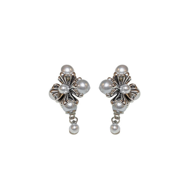 Vintage silver color pearl flower earrings necklace