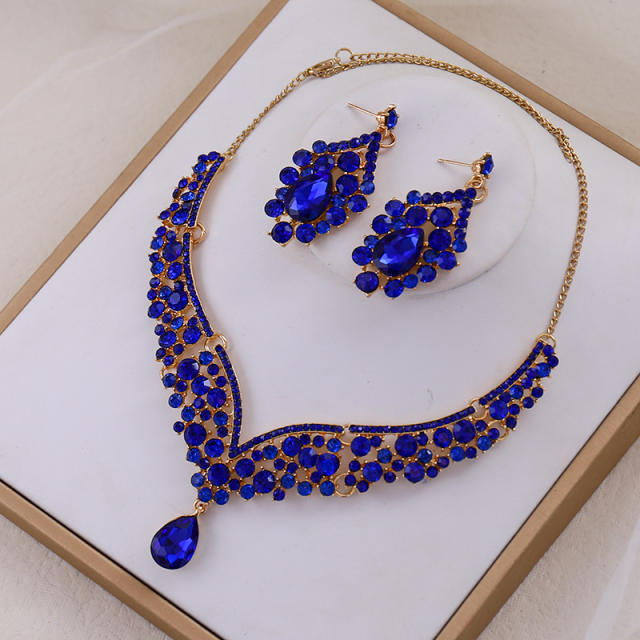 Elegant colorful glass crystal statament wedding necklace set