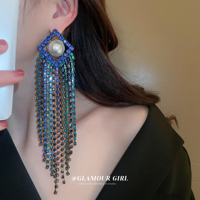 Luxury pave setting blue gem tassel earrings