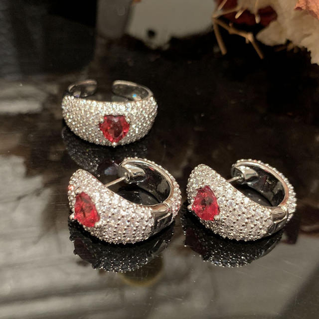 Luxury ruby heart diamond huggie earrings rings