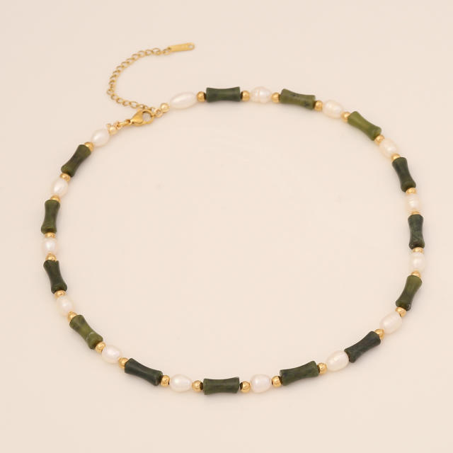 Natural beads bamboo design choker necklace