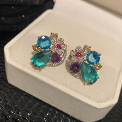 925 needle blue color crystal round shape studs earrings