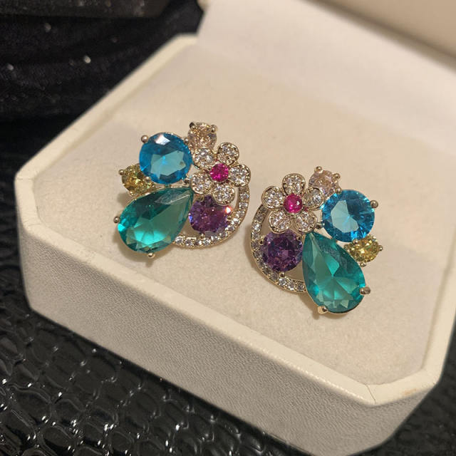 925 needle blue color crystal round shape studs earrings