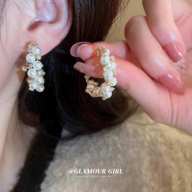 Elegant pearl beaded open hoop earrings