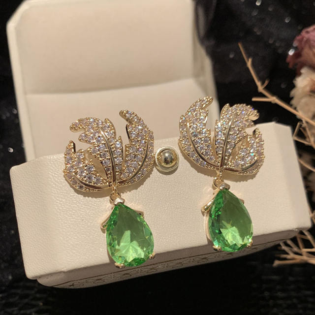 925 needle diamond feather green cubic zircon drop earrings