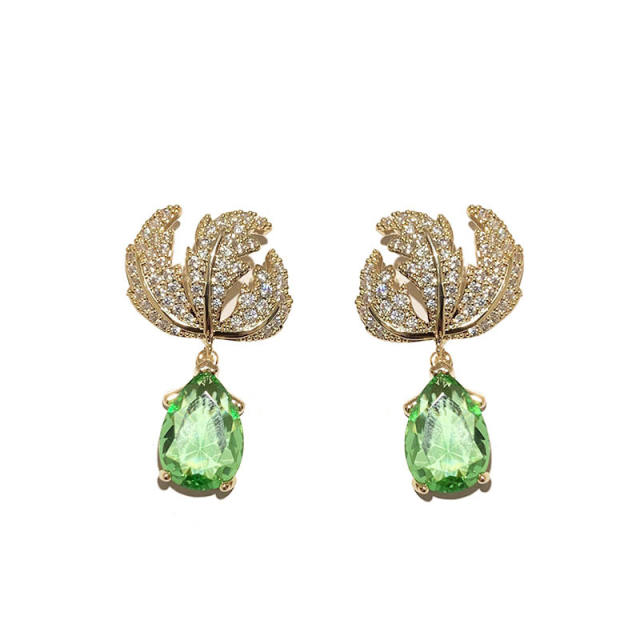 925 needle diamond feather green cubic zircon drop earrings