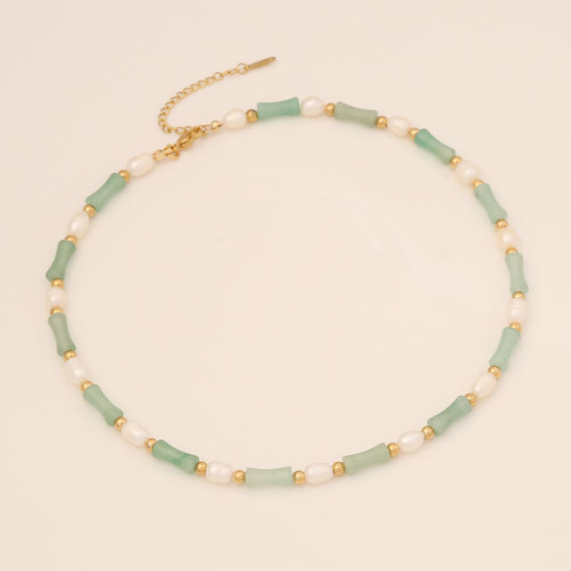 Natural beads bamboo design choker necklace