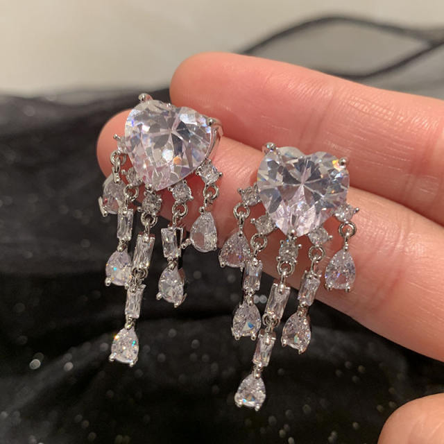 Elegant crystal heart tassel women earrings