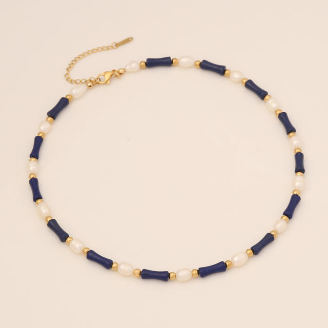 Natural beads bamboo design choker necklace