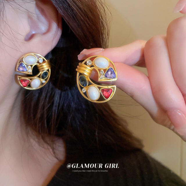 Vintage pearl beads statement geometric earrings