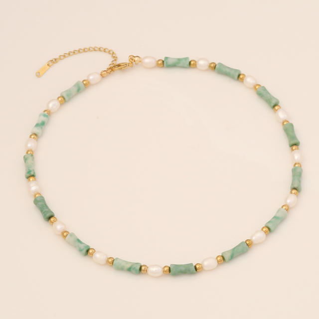 Natural beads bamboo design choker necklace