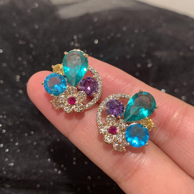 925 needle blue color crystal round shape studs earrings