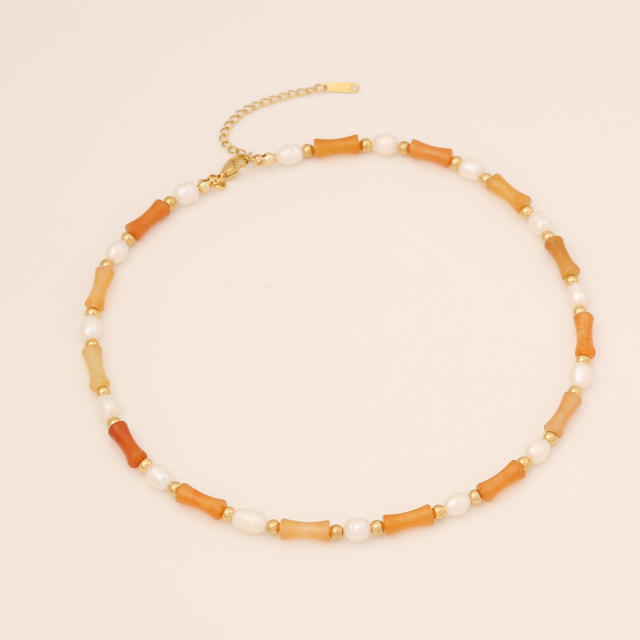 Natural beads bamboo design choker necklace