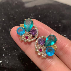 925 needle blue color crystal round shape studs earrings