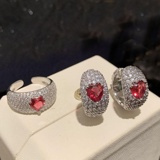Luxury ruby heart diamond huggie earrings rings
