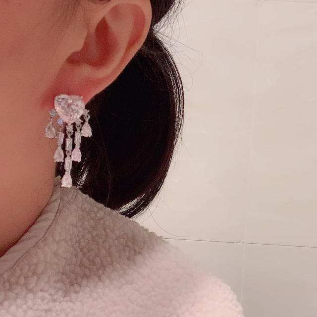 Elegant crystal heart tassel women earrings