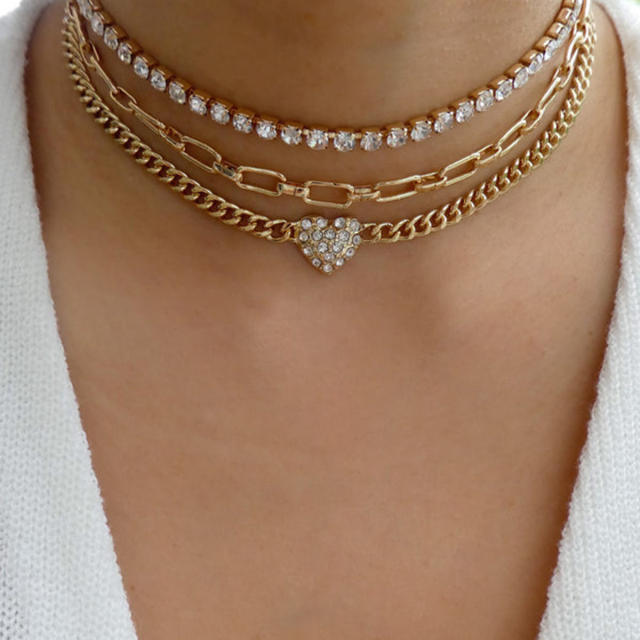 Vintage three layer diamond heart choker necklace
