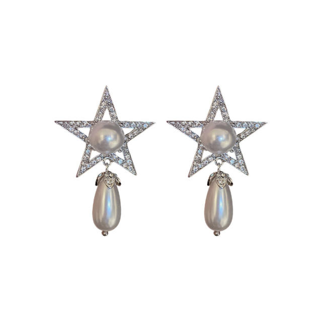 925 needle diamond star drop pearl earrings