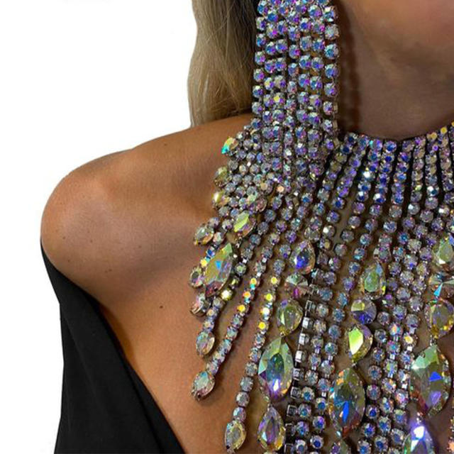 Hot sale luxury AB color crystal tassel necklace earrings set