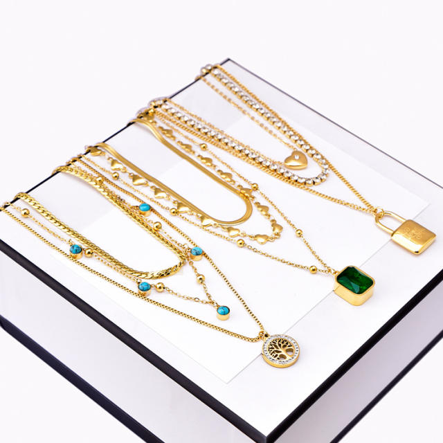 Korean fashion three layer star emerald pendant stainless steel necklace