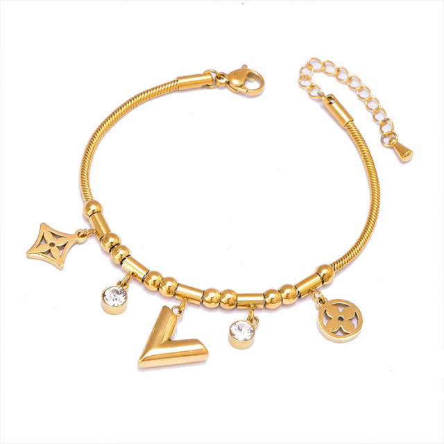 Multi element clover bear heart charm stainless steel bracelet