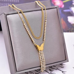 Occident fashion frost butterfly diamond tassel stainless steel necklace