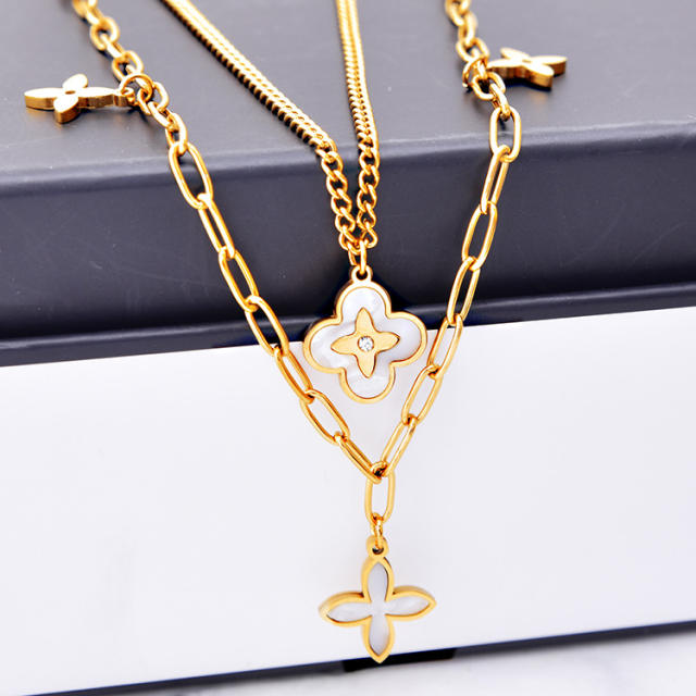 Classic white color clover two layer stainless steel necklace
