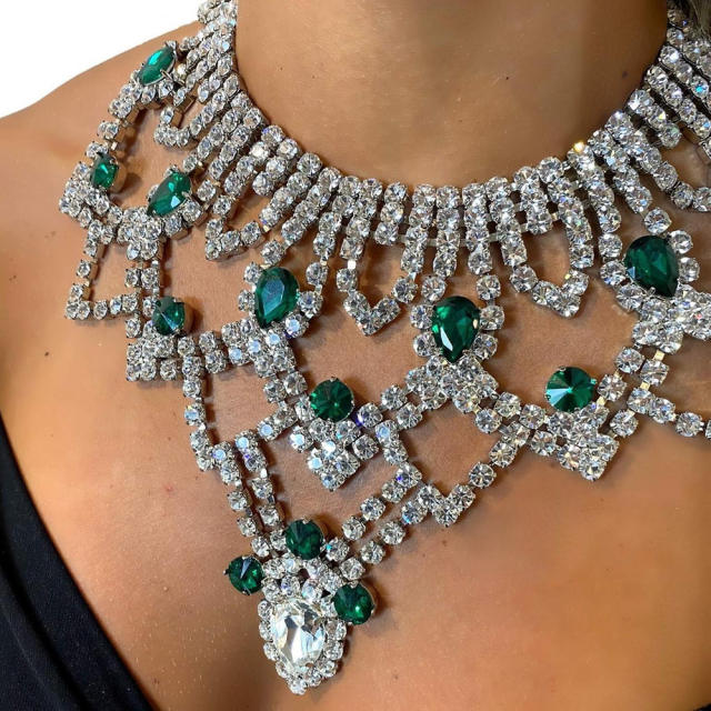 Occident fashion color glass crystal statement hollow choker necklace