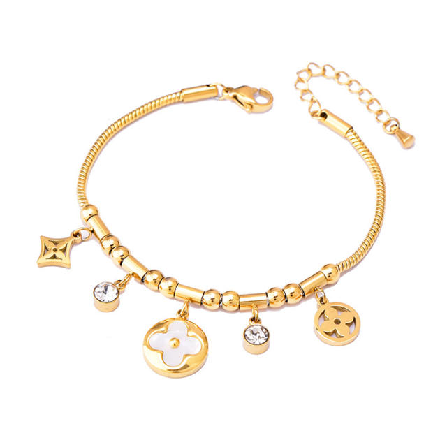 Multi element clover bear heart charm stainless steel bracelet