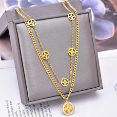 Fashionable two layer hollow clover stainless steel necklace