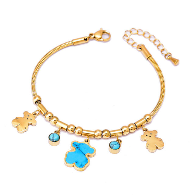 Multi element clover bear heart charm stainless steel bracelet