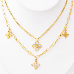Classic white color clover two layer stainless steel necklace