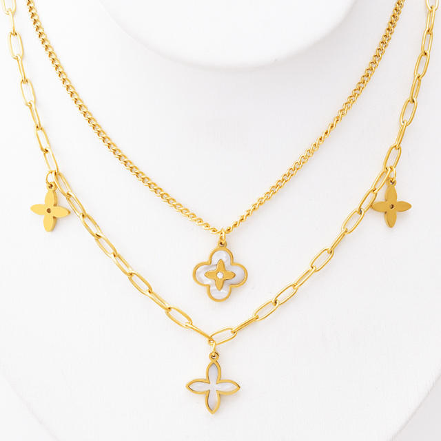 Classic white color clover two layer stainless steel necklace