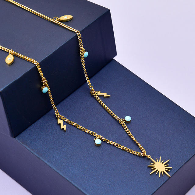 Occident fashion boho blue tiny beads stainless steel necklace