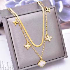 Korean fashion two layer white clover stainless steel necklace