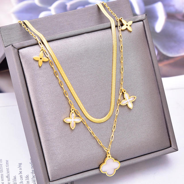 Korean fashion two layer white clover stainless steel necklace
