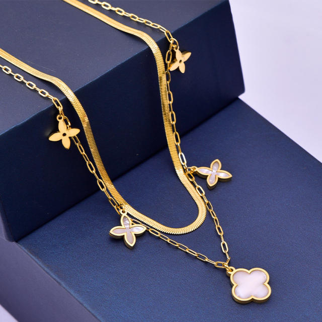 Korean fashion two layer white clover stainless steel necklace