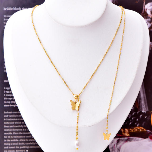 Korean fashion frost butterfly stainless steel necklace