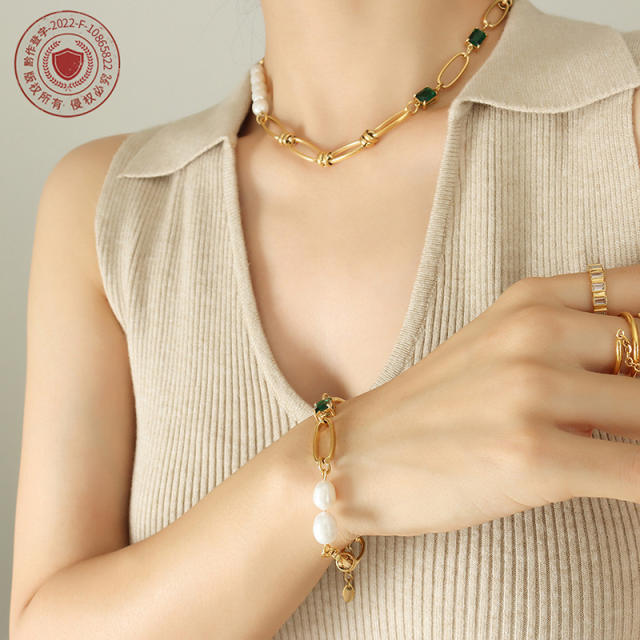 Elegant stainless steel chain pearl necklace bracelet
