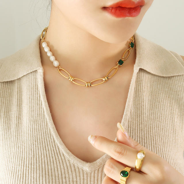 Elegant stainless steel chain pearl necklace bracelet