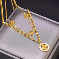 Fashionable two layer hollow clover stainless steel necklace
