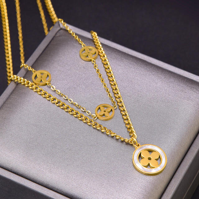 Fashionable two layer hollow clover stainless steel necklace