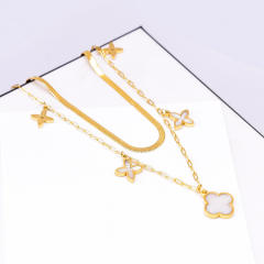 Korean fashion two layer white clover stainless steel necklace