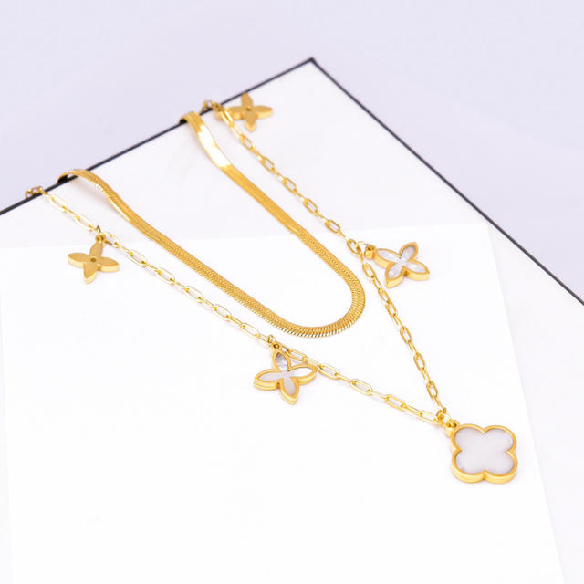 Korean fashion two layer white clover stainless steel necklace