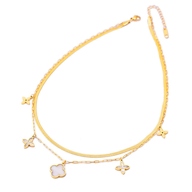 Korean fashion two layer white clover stainless steel necklace