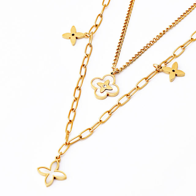 Classic white color clover two layer stainless steel necklace
