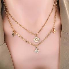 Classic white color clover two layer stainless steel necklace