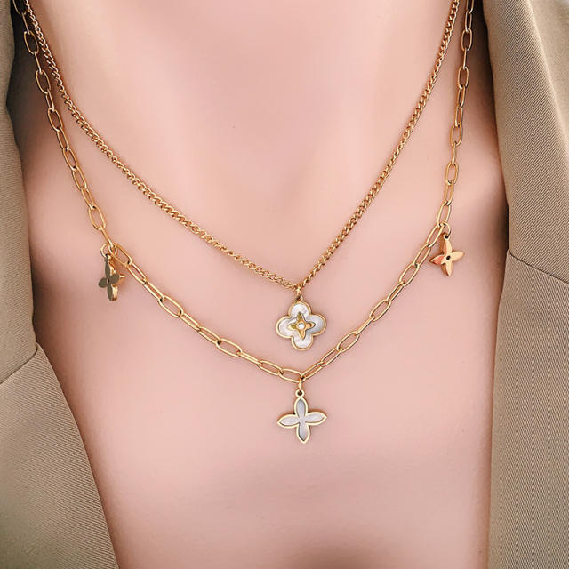 Classic white color clover two layer stainless steel necklace