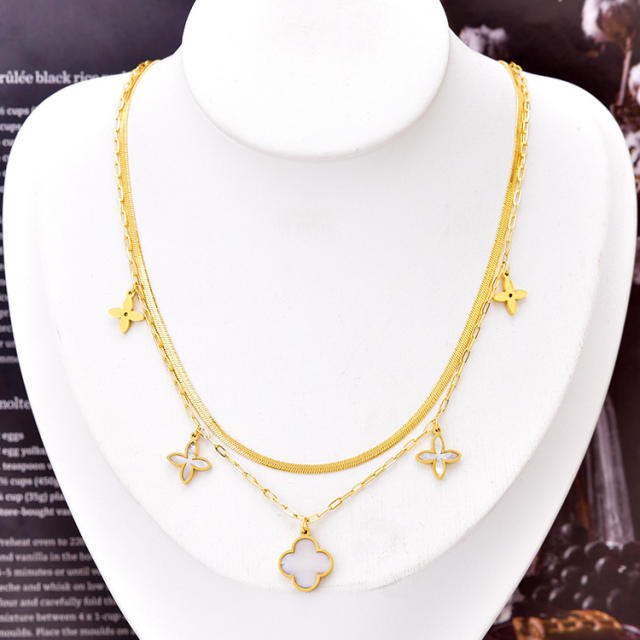 Korean fashion two layer white clover stainless steel necklace